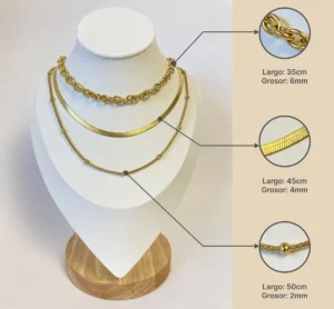 Medidas Set Collares Dorados Infografía con las medidas de largo y grosor de cada uno de los tres collares del set dorado.