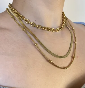 Set Collares Dorados en Capas en Modelo Set de tres collares dorados de acero quirúrgico en capas, lucido por una mujer.