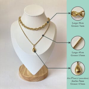 Especificaciones Combo Collares Rustik y Dije de Gota Infografía del set de dos collares de acero dorado con sus medidas: choker Rustik de 35cm y 7mm, y collar Cuadros de 45cm con dije de gota de 17mm.