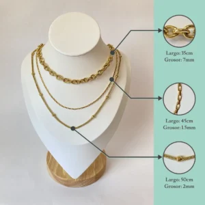 Especificaciones Combo X3 Collares Layering Infografía del set de tres collares en un exhibidor con sus medidas: choker de 35cm y 7mm, cadena media de 45cm y 1.5mm, y cadena larga de 50cm y 2mm.