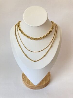 Portada Combo X3 Collares Rustik Rectangles Elegant Portada del combo de tres collares de acero dorado para mujer, perfectamente dispuestos en capas sobre un busto de exhibición blanco.
