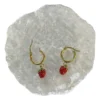 Detalle Aros Frutilla Esmaltados Par de aros de argolla con dije de frutilla esmaltada sobre una base de vidrio texturizada.
