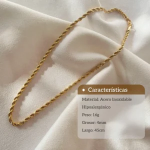 Características Cadena Tourbillon Infografía con las características de la cadena: material acero inoxidable, hipoalergénico, peso 16g, grosor 4mm, largo 45cm.
