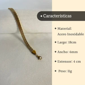 Ficha Técnica Visual de la Pulsera Dorada Gráfico con las características de la pulsera: material, largo de 18cm, ancho de 6mm, extensor de 4cm y peso de 11g.