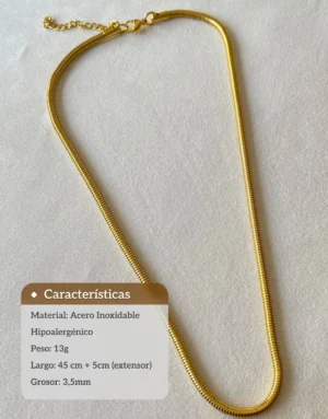 Características Collar Snake Dorado Infografía del collar de cadena serpiente dorado detallando su material, peso, largo y grosor.