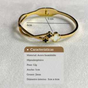 Características y Medidas de la Pulsera Infografía con las características y medidas de la pulsera esclava: 5cm x 6cm de diámetro, 12g de peso, material acero inoxidable.