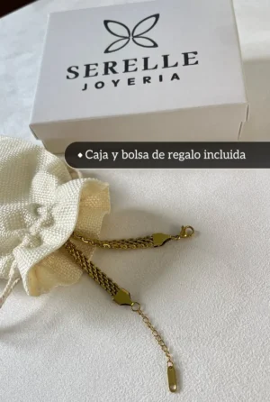 Packaging de Regalo Serelle Joyería Incluido Pulsera dorada junto a su caja y bolsa de regalo de la marca Serelle Joyería.