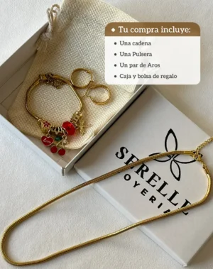 Contenido del Set de Joyas Serelle Infografía mostrando lo que incluye la compra del set de joyas: una cadena, una pulsera, un par de aros y la caja de regalo.